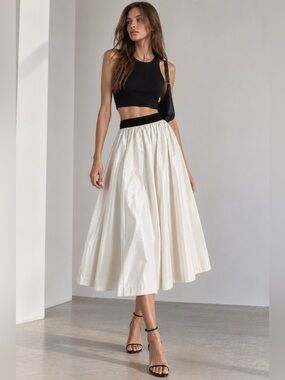 ZARA Basic Ivory Faux Leather Full Midi Skirt Black Waist Size S